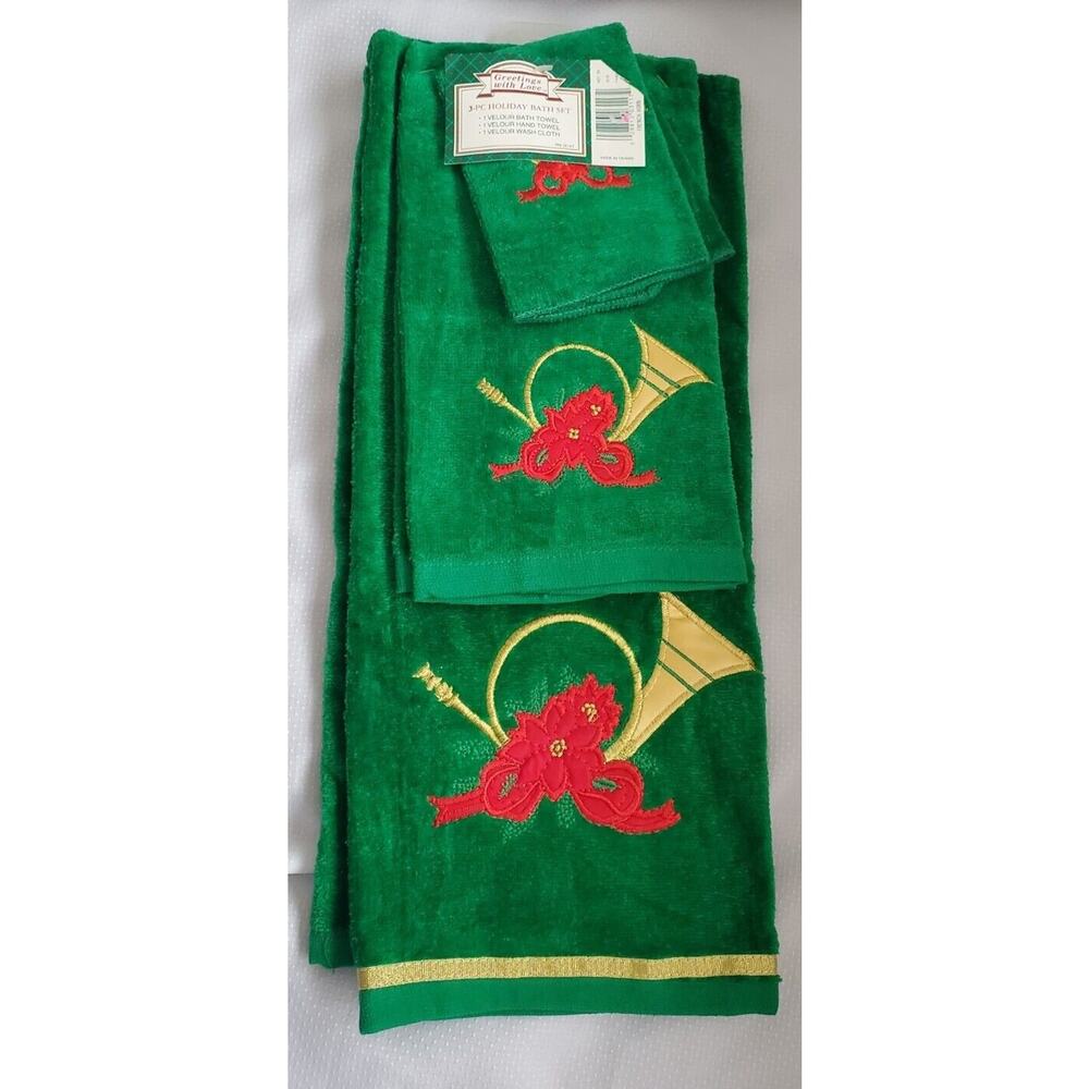 Vintage Christmas Holiday Green Velour Bath Towel Set of 3 NOS French Horn